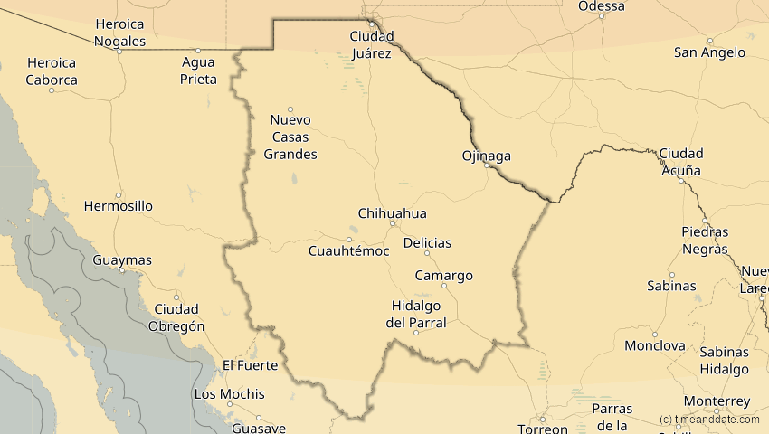 A map of Chihuahua, Mexiko, showing the path of the 14. Jan 2029 Partielle Sonnenfinsternis