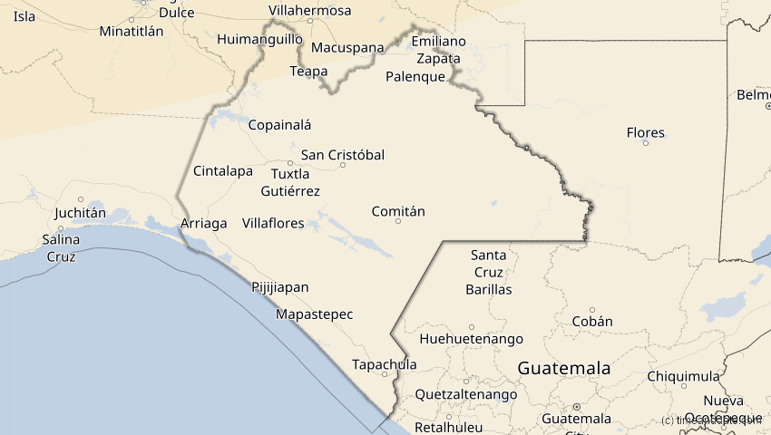 A map of Chiapas, Mexiko, showing the path of the 14. Jan 2029 Partielle Sonnenfinsternis