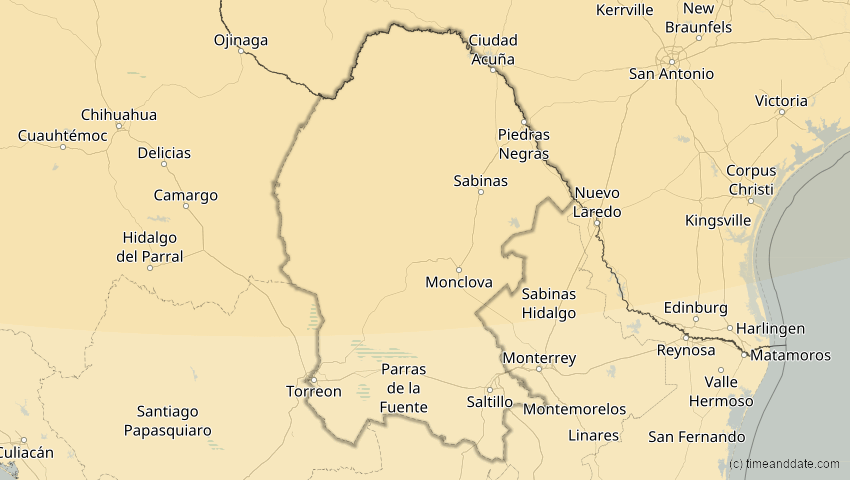 A map of Coahuila, Mexiko, showing the path of the 14. Jan 2029 Partielle Sonnenfinsternis