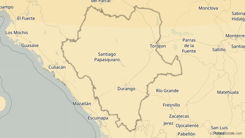 A map of Durango, Mexiko, showing the path of the 14. Jan 2029 Partielle Sonnenfinsternis