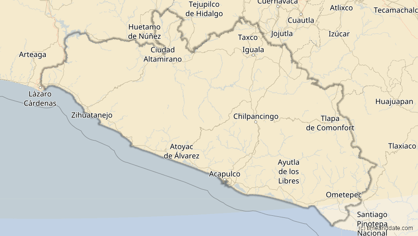 A map of Guerrero, Mexiko, showing the path of the 14. Jan 2029 Partielle Sonnenfinsternis