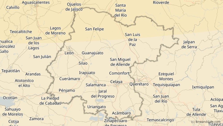 A map of Guanajuato, Mexiko, showing the path of the 14. Jan 2029 Partielle Sonnenfinsternis