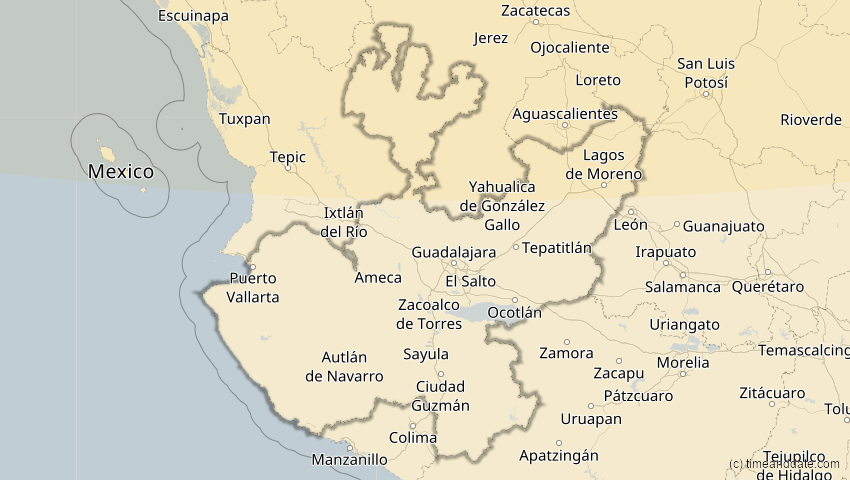 A map of Jalisco, Mexiko, showing the path of the 14. Jan 2029 Partielle Sonnenfinsternis