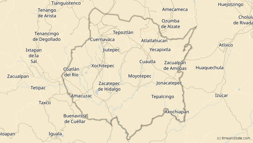 A map of Morelos, Mexiko, showing the path of the 14. Jan 2029 Partielle Sonnenfinsternis