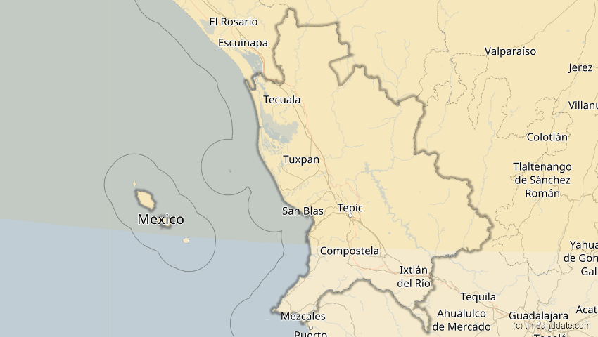 A map of Nayarit, Mexiko, showing the path of the 14. Jan 2029 Partielle Sonnenfinsternis