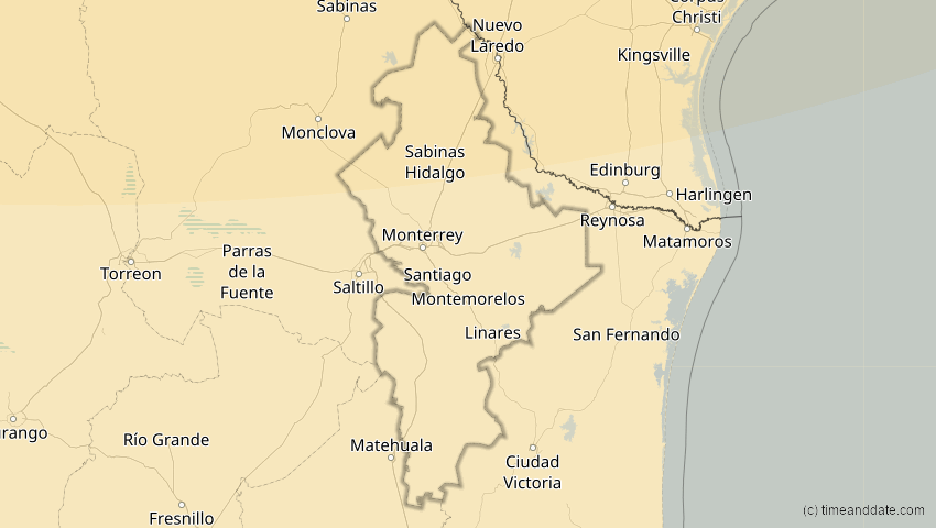 A map of Nuevo León, Mexiko, showing the path of the 14. Jan 2029 Partielle Sonnenfinsternis