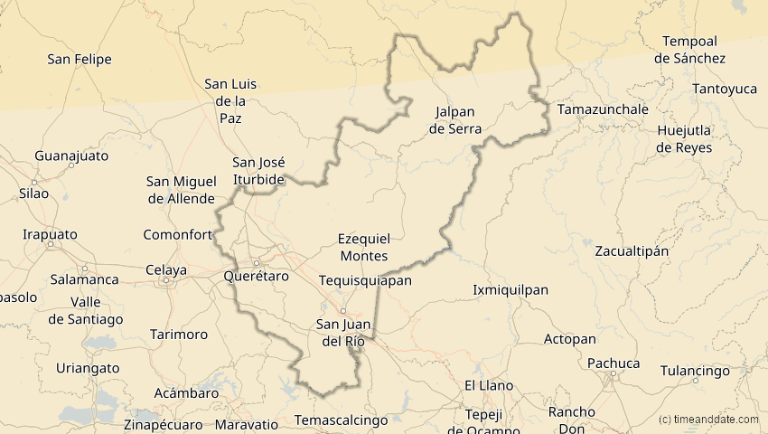 A map of Querétaro, Mexiko, showing the path of the 14. Jan 2029 Partielle Sonnenfinsternis