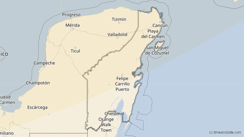 A map of Quintana Roo, Mexiko, showing the path of the 14. Jan 2029 Partielle Sonnenfinsternis