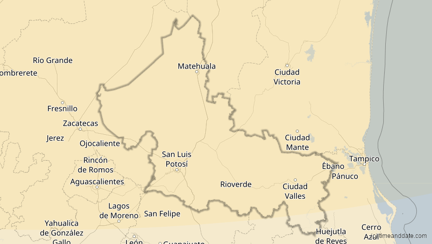 A map of San Luis Potosí, Mexiko, showing the path of the 14. Jan 2029 Partielle Sonnenfinsternis