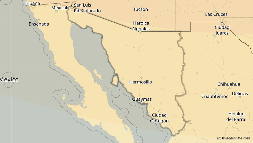A map of Sonora, Mexiko, showing the path of the 14. Jan 2029 Partielle Sonnenfinsternis