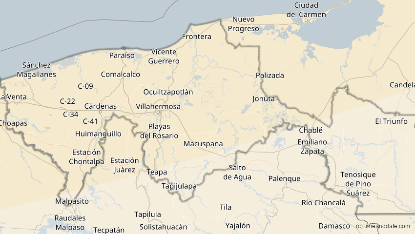 A map of Tabasco, Mexiko, showing the path of the 14. Jan 2029 Partielle Sonnenfinsternis