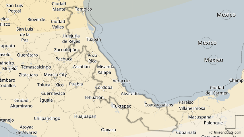 A map of Veracruz, Mexiko, showing the path of the 14. Jan 2029 Partielle Sonnenfinsternis