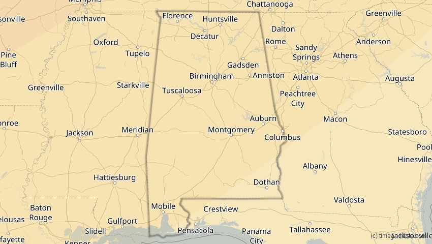 A map of Alabama, USA, showing the path of the 14. Jan 2029 Partielle Sonnenfinsternis