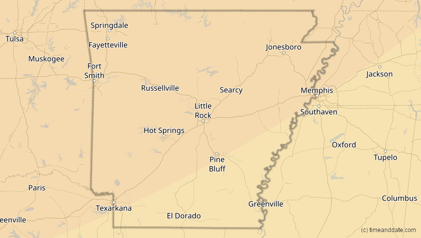 A map of Arkansas, USA, showing the path of the 14. Jan 2029 Partielle Sonnenfinsternis
