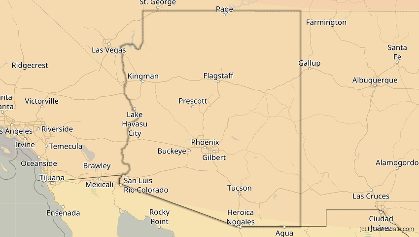 A map of Arizona, USA, showing the path of the 14. Jan 2029 Partielle Sonnenfinsternis