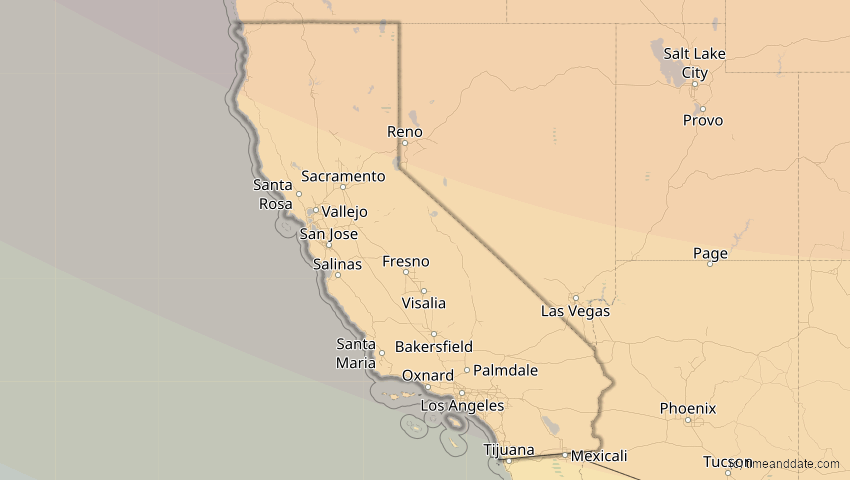 A map of California, United States, showing the path of the Jan 14, 2029 Partial Solar Eclipse