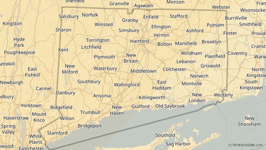 A map of Connecticut, United States, showing the path of the Jan 14, 2029 Partial Solar Eclipse