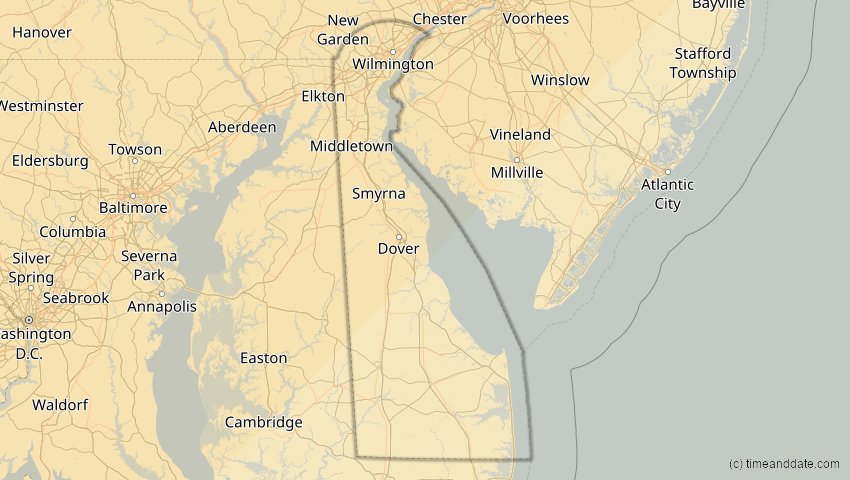 A map of Delaware, United States, showing the path of the Jan 14, 2029 Partial Solar Eclipse