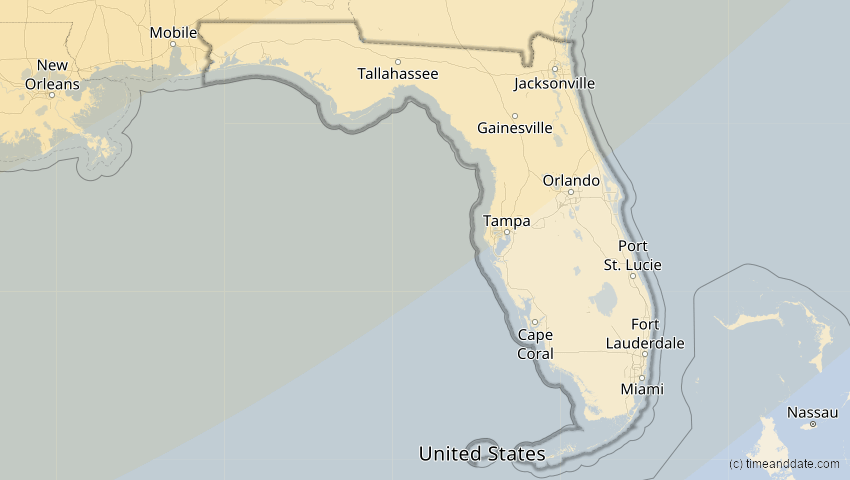 A map of Florida, USA, showing the path of the 14. Jan 2029 Partielle Sonnenfinsternis