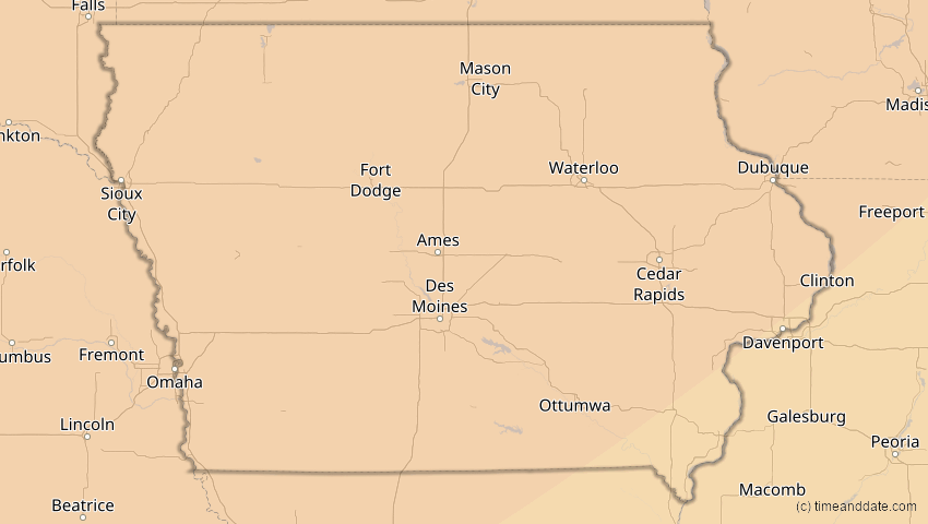 A map of Iowa, United States, showing the path of the Jan 14, 2029 Partial Solar Eclipse