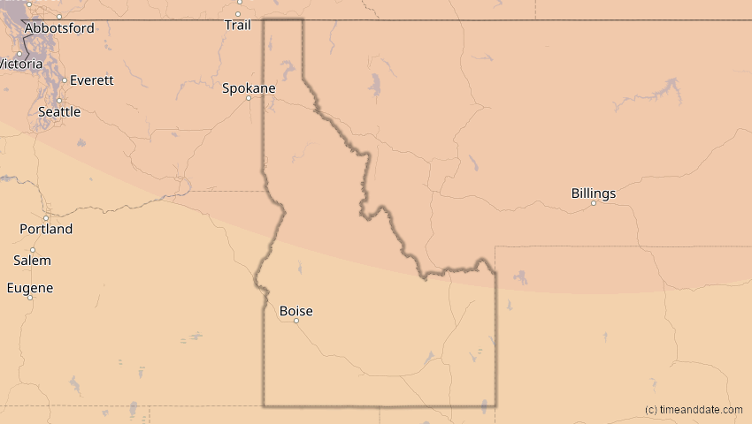 A map of Idaho, USA, showing the path of the 14. Jan 2029 Partielle Sonnenfinsternis