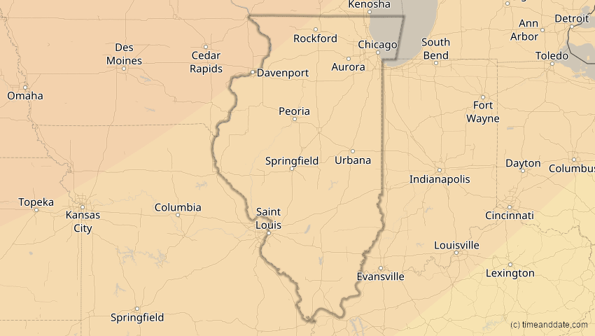 A map of Illinois, USA, showing the path of the 14. Jan 2029 Partielle Sonnenfinsternis