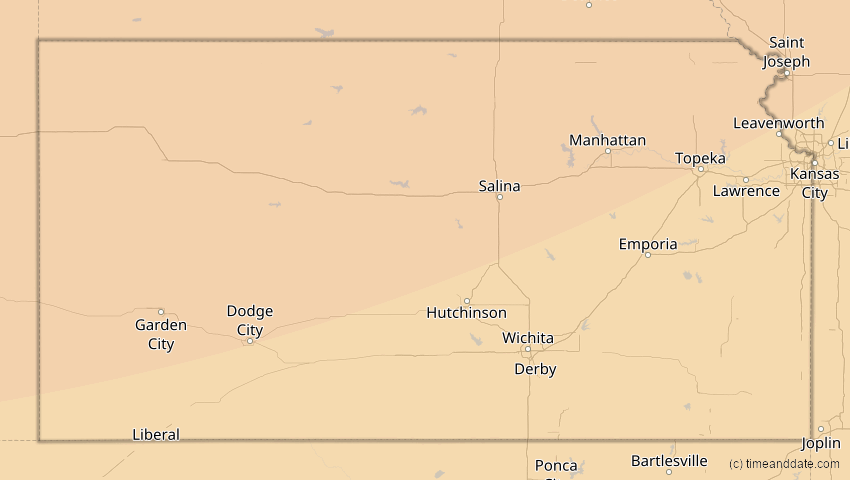 A map of Kansas, USA, showing the path of the 14. Jan 2029 Partielle Sonnenfinsternis