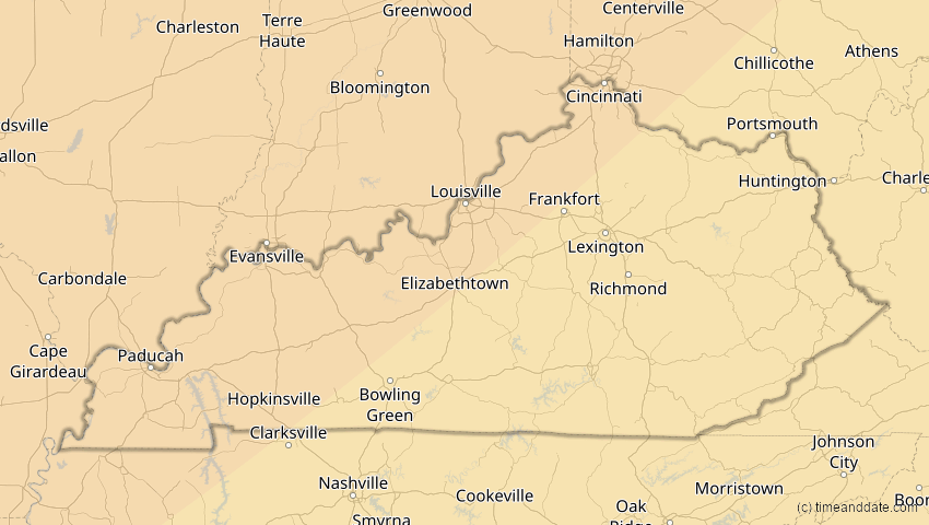 A map of Kentucky, USA, showing the path of the 14. Jan 2029 Partielle Sonnenfinsternis