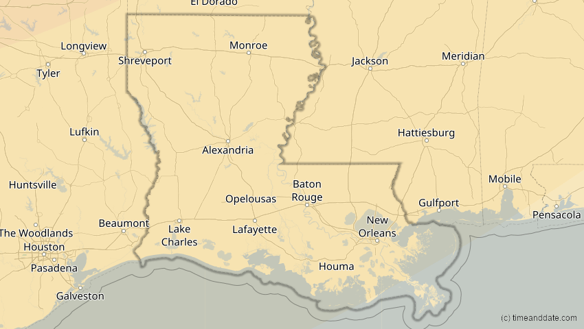 A map of Louisiana, USA, showing the path of the 14. Jan 2029 Partielle Sonnenfinsternis