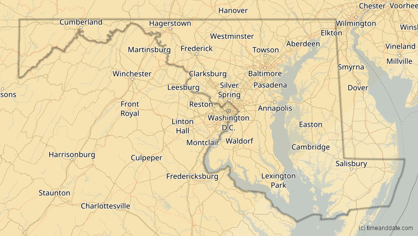A map of Maryland, United States, showing the path of the Jan 14, 2029 Partial Solar Eclipse