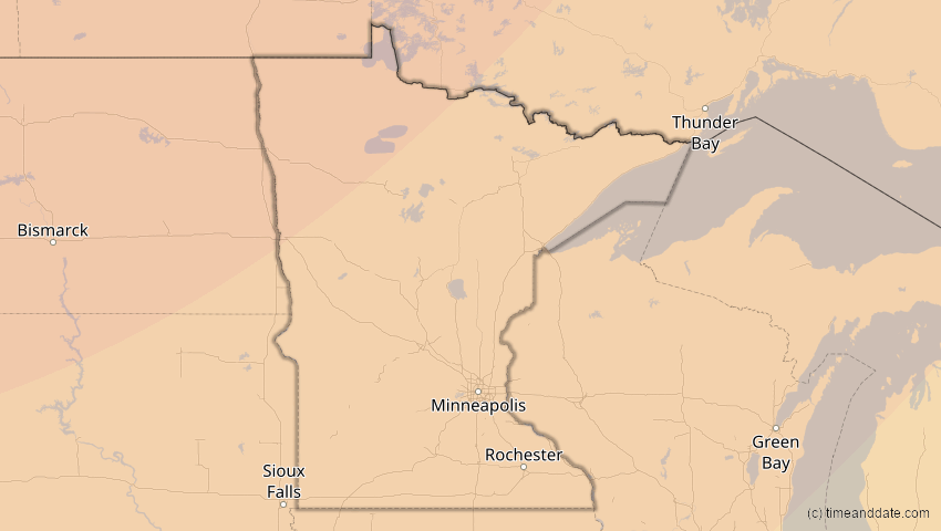 A map of Minnesota, USA, showing the path of the 14. Jan 2029 Partielle Sonnenfinsternis