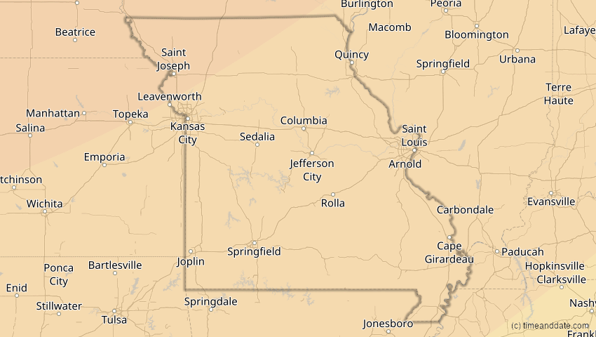 A map of Missouri, USA, showing the path of the 14. Jan 2029 Partielle Sonnenfinsternis