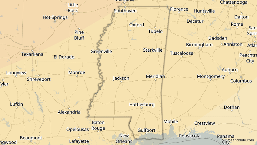 A map of Mississippi, United States, showing the path of the Jan 14, 2029 Partial Solar Eclipse