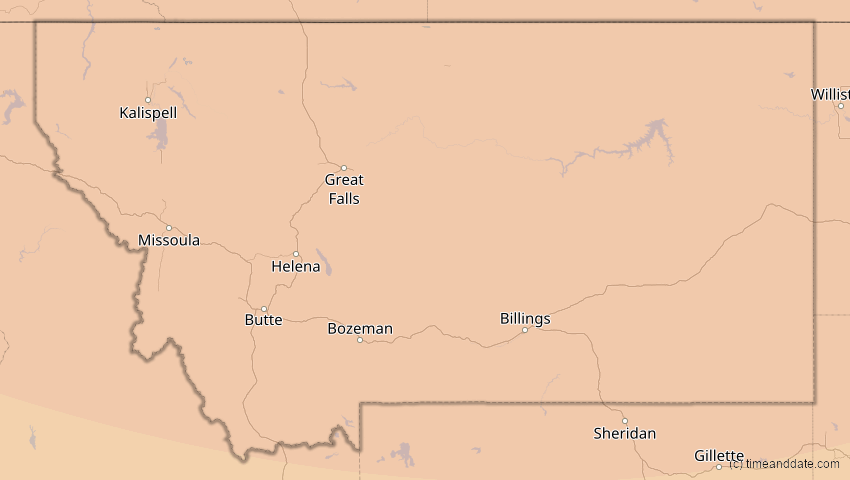 A map of Montana, USA, showing the path of the 14. Jan 2029 Partielle Sonnenfinsternis
