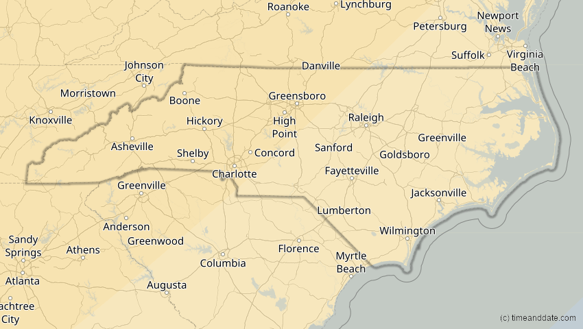 A map of North Carolina, USA, showing the path of the 14. Jan 2029 Partielle Sonnenfinsternis