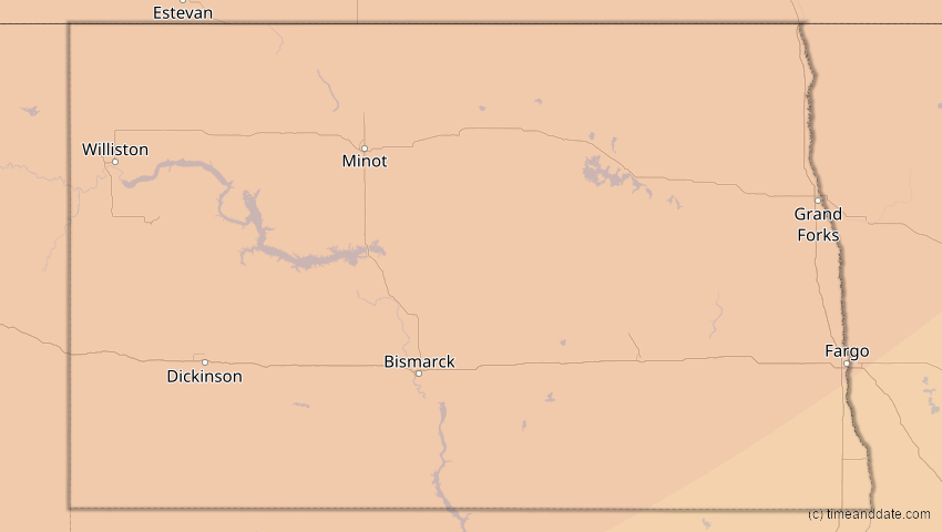 A map of North Dakota, United States, showing the path of the Jan 14, 2029 Partial Solar Eclipse