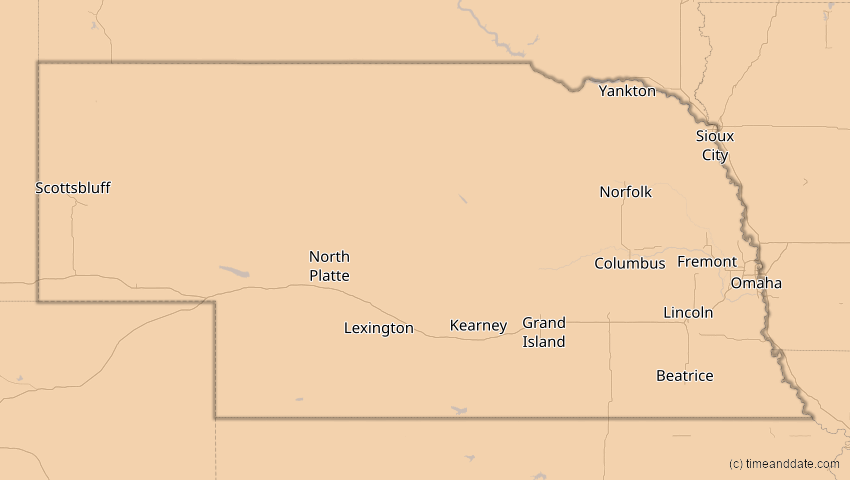 A map of Nebraska, USA, showing the path of the 14. Jan 2029 Partielle Sonnenfinsternis