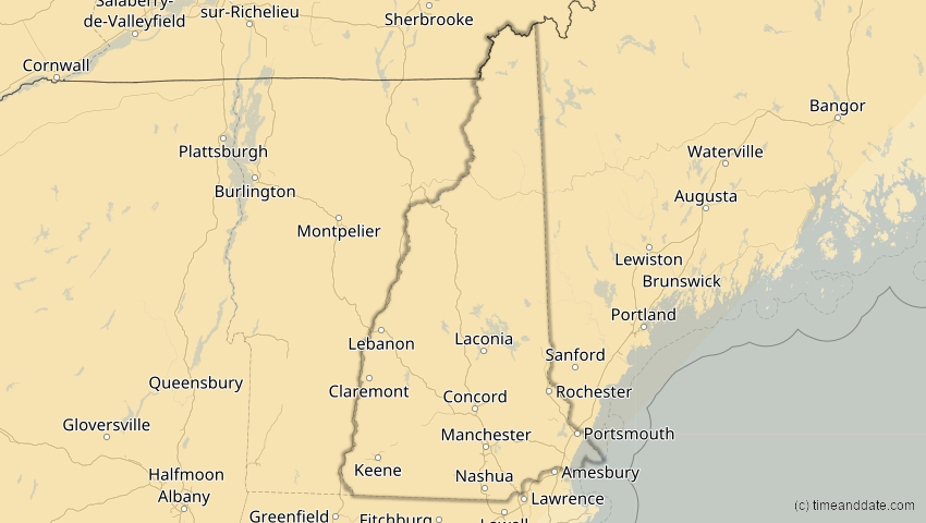 A map of New Hampshire, United States, showing the path of the Jan 14, 2029 Partial Solar Eclipse