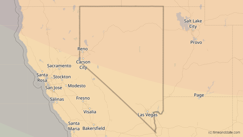 A map of Nevada, United States, showing the path of the Jan 14, 2029 Partial Solar Eclipse