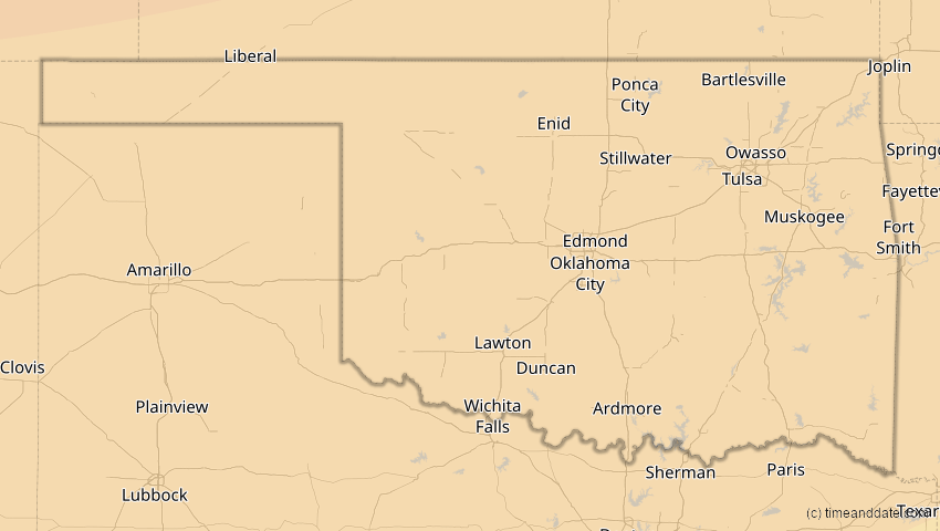 A map of Oklahoma, USA, showing the path of the 14. Jan 2029 Partielle Sonnenfinsternis