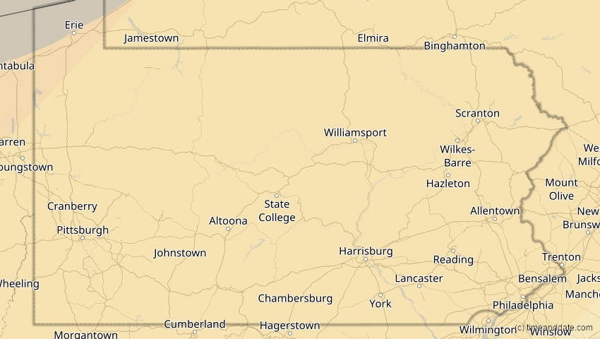 A map of Pennsylvania, USA, showing the path of the 14. Jan 2029 Partielle Sonnenfinsternis
