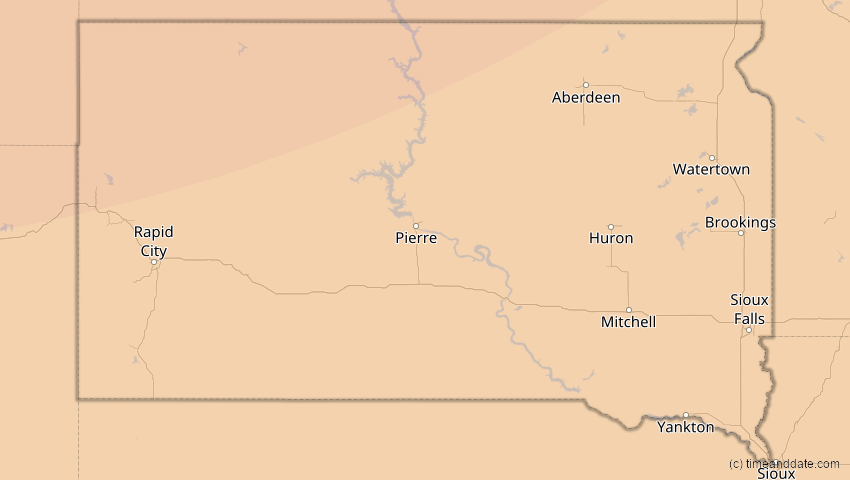 A map of South Dakota, USA, showing the path of the 14. Jan 2029 Partielle Sonnenfinsternis
