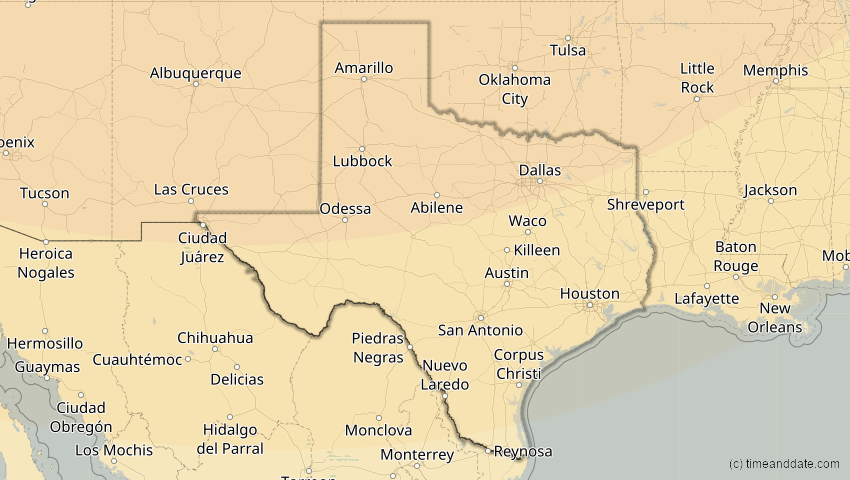 A map of Texas, United States, showing the path of the Jan 14, 2029 Partial Solar Eclipse