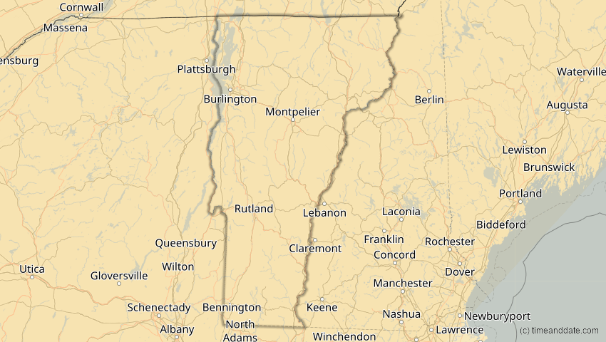 A map of Vermont, United States, showing the path of the Jan 14, 2029 Partial Solar Eclipse