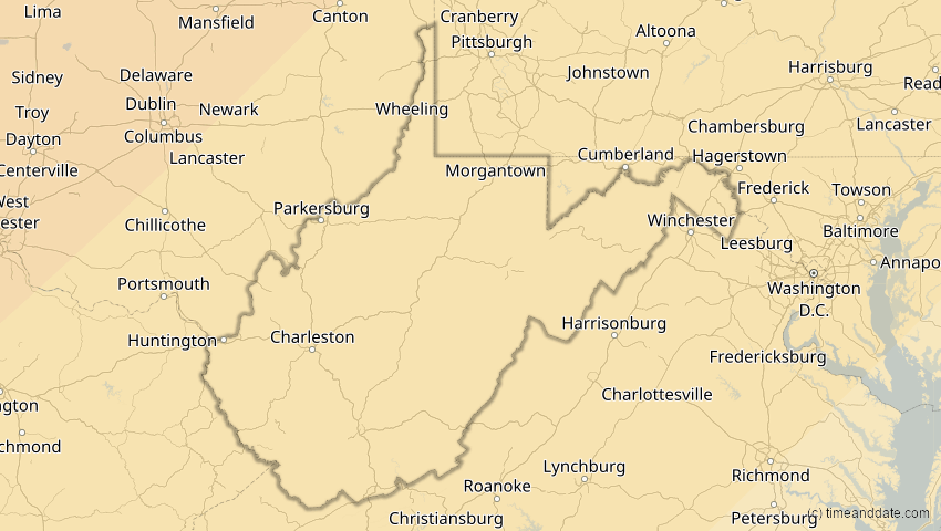A map of West Virginia, USA, showing the path of the 14. Jan 2029 Partielle Sonnenfinsternis