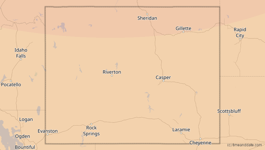 A map of Wyoming, USA, showing the path of the 14. Jan 2029 Partielle Sonnenfinsternis