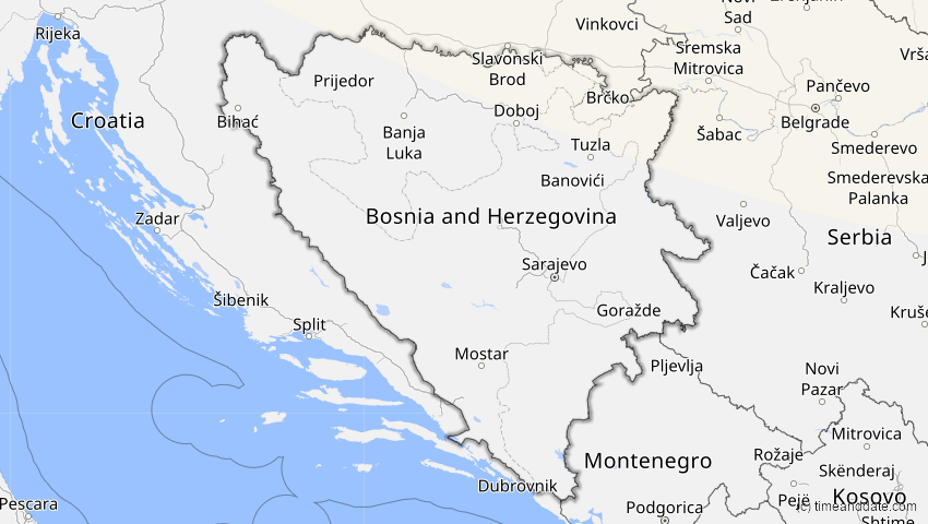 A map of Bosnia and Herzegovina, showing the path of the Jun 12, 2029 Partial Solar Eclipse