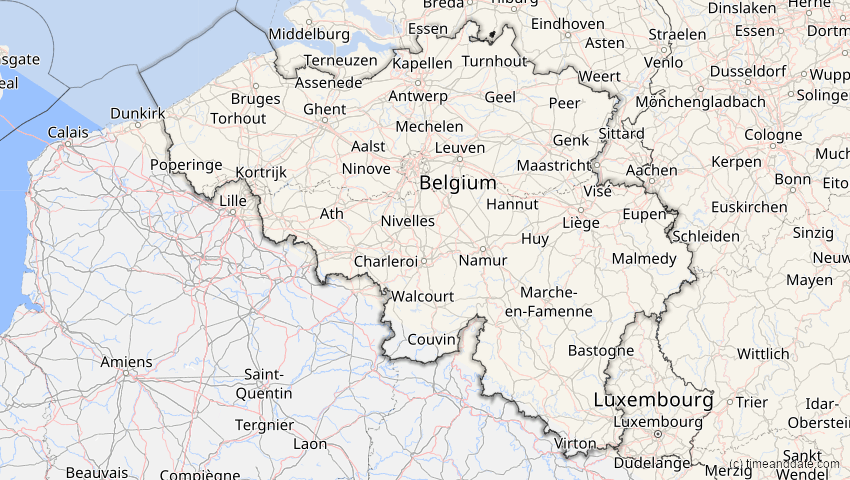 A map of Belgium, showing the path of the Jun 12, 2029 Partial Solar Eclipse
