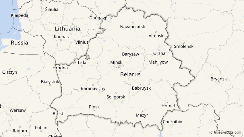 A map of Belarus, showing the path of the Jun 12, 2029 Partial Solar Eclipse