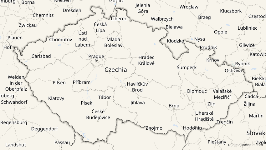 A map of Czechia, showing the path of the Jun 12, 2029 Partial Solar Eclipse